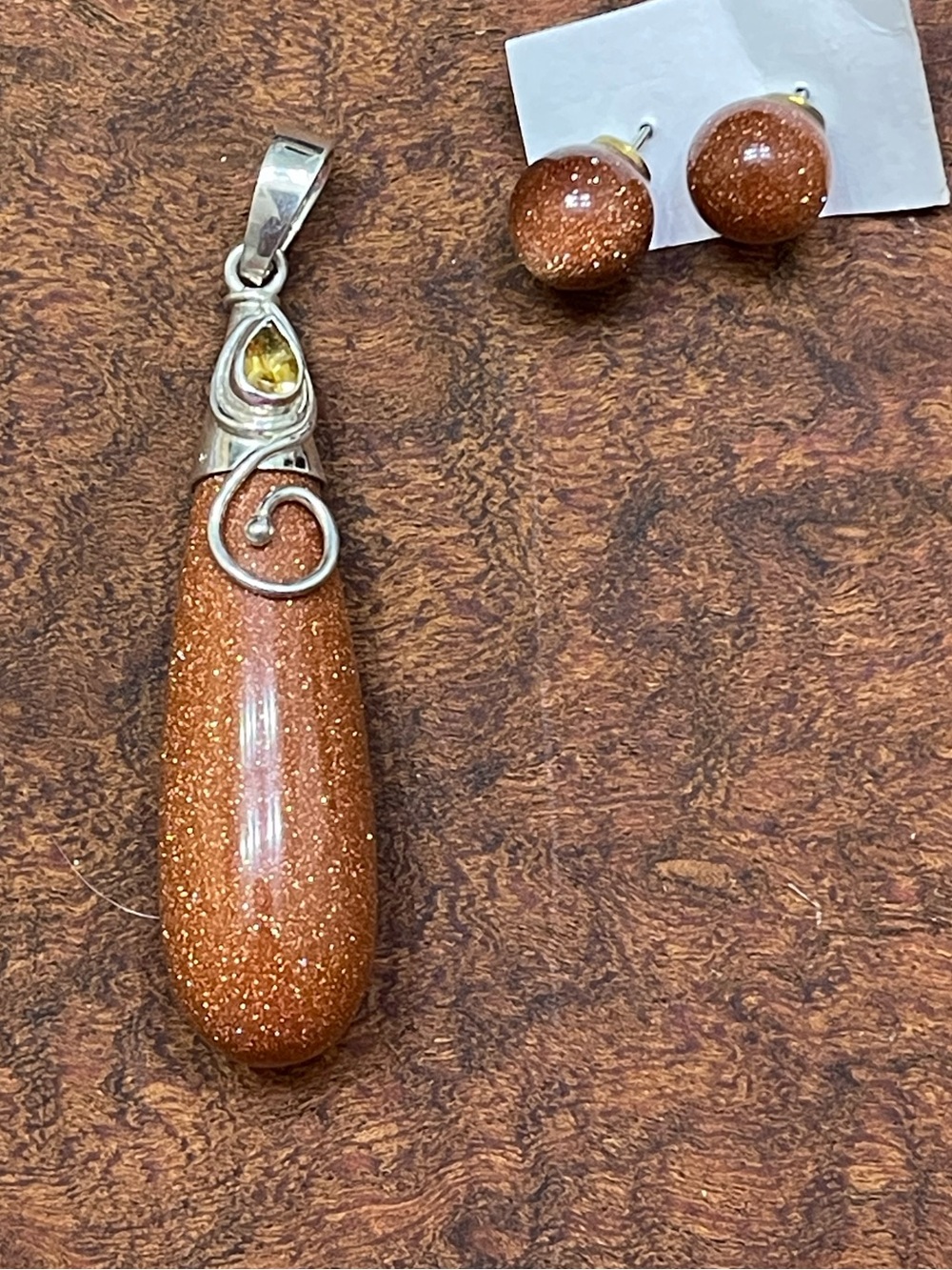 Vintage Sajen sterling silver 925 goldstone and citrine pendant set boho witchy